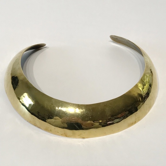 Vintage Mexico Signed Solid Brass Domed Torque Choker Necklace Tribal Modernist - Picture 3 of 11